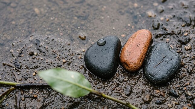 Three smooth river pebbles with a single clear water droplet lying near a green leaf on wet muddy ground in a peaceful natural environment