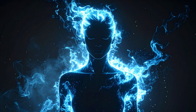 青白いエネルギーオーラをまとった全身人物シルエットのパワーアップ演出
Full body human silhouette surrounded by blue white power up energy aura