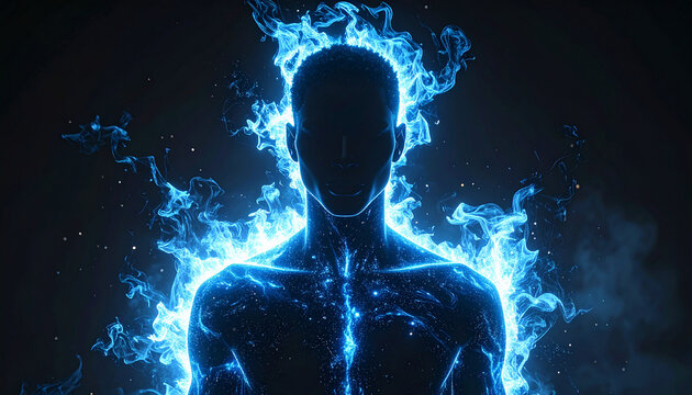 青白いエネルギーオーラをまとった全身人物シルエットのパワーアップ演出
Full body human silhouette surrounded by blue white power up energy aura