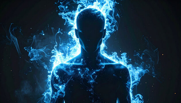 青白いエネルギーオーラをまとった全身人物シルエットのパワーアップ演出
Full body human silhouette surrounded by blue white power up energy aura