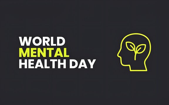 World mental health day graphic with a human head silhouette and a green sprout icon