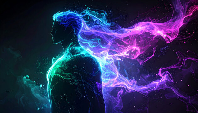 幻想的なオーロラオーラに包まれた人物シルエットのスピリチュアルアート
Mystical human silhouette enveloped in glowing aurora energy aura
