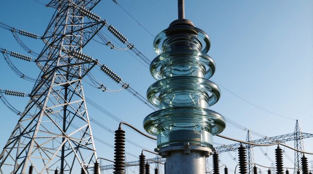 Glass insulator on high voltage electricity tower in power station. Industrial transmission grid component connects metal pylon lines against blue sky. Heavy duty utility hardware equipment ensures