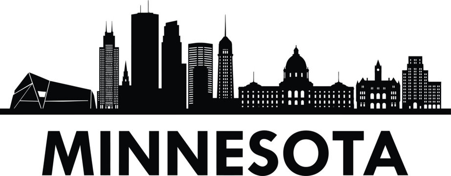 A black and white silhouette graphic featuring the iconic skyline of minneapolis minnesota with bold text below