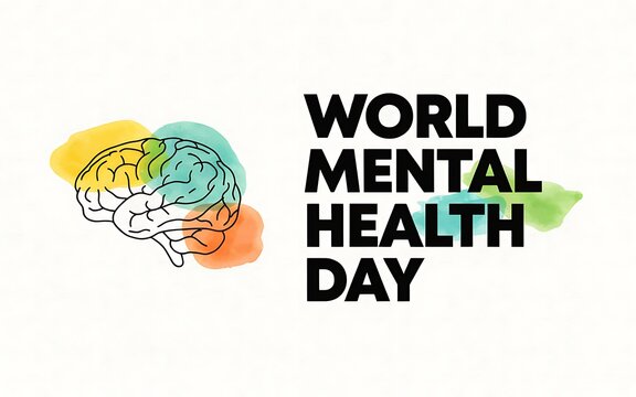World mental health day text with a colorful human brain illustration on white background