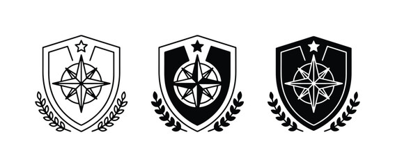 Fototapeta premium Compass Emblem Set, Nautical Badge Collection, Navigation Shield Icons, Vector Graphics for Adventure and Exploration