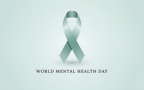 Teal awareness ribbon for mental health day isolated on a soft light green background