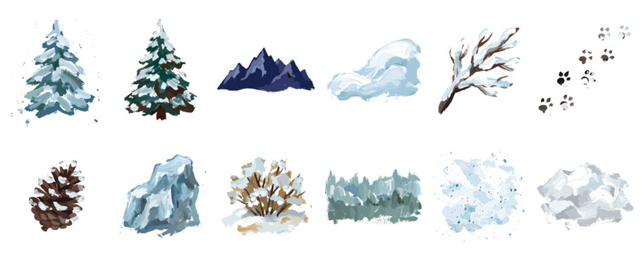 Winter nature icons set. Cold weather and snowy landscape elements. Includes fir tree, mountain, snowdrift, snowy branch, paw prints, pine cone, ice, bush, forest, falling snow. Artistic