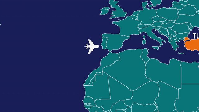 Flight Map Animation Showing Airplane Route Travelling From USA to Turkey. Perfect visual for video editors, content creators, and marketing agencies needing high-end geographical transitions.