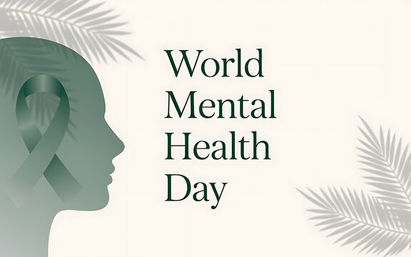 World mental health day concept with human head silhouette and tropical leaves on beige background