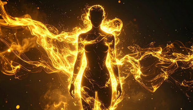 オーロラのような幻想的オーラに包まれた全身人物シルエット
Full body human silhouette surrounded by mystical aurora energy aura