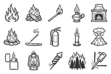 Obraz premium Collection of fire-related icons: flames, matches, fireplace, candle, lantern.