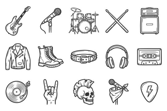 Rock and roll icons: guitars, drums, microphone, and more in black and white.