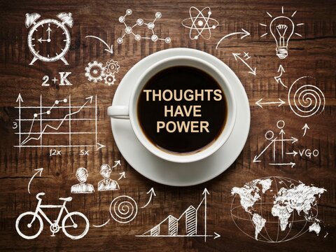 Coffee cup with thoughts have power text on wooden table with business sketches