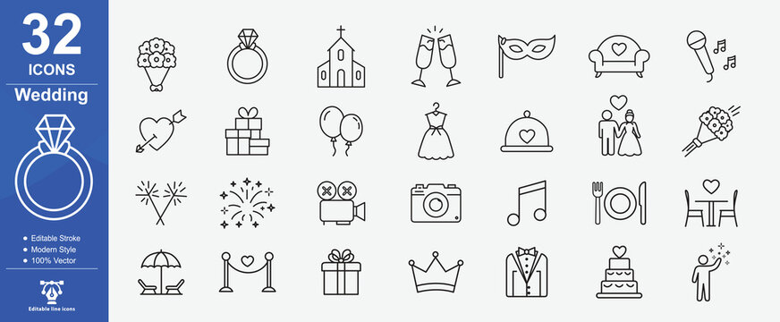 Collection Of Wedding Related Line Icons. Love, wedding, ceremony, celebration, married, ring. Vector illustration