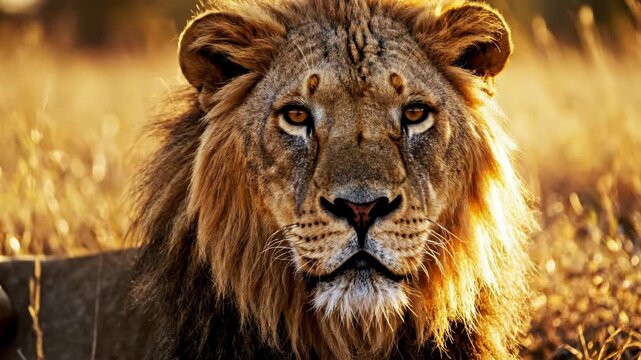 Close-up portrait of adult male lion in African savanna during golden hour; detailed mane texture, whiskers, and amber eyes backlit by warm sunset light in natural habitat.