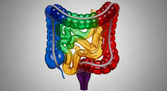 Anatomical model of human digestive system, large and small intestines represented in bright colors.