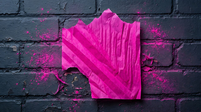 Hot pink crumpled paper texture overlay on dark brick wall background with crumpled background material template creative backdrop distressed industrial weathered composition