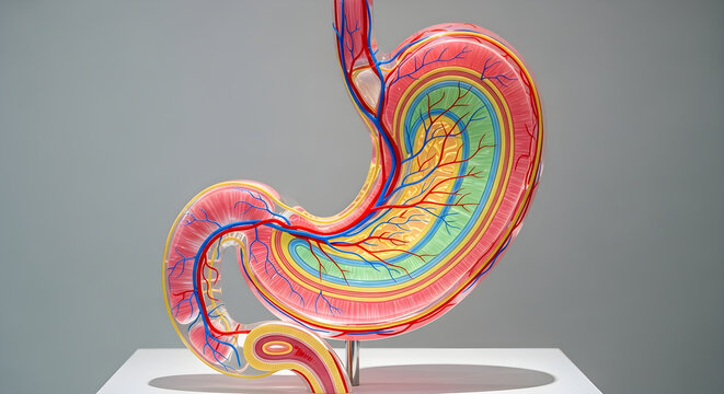Anatomical model of human stomach, showcasing layered structure and blood vessels in colorful detail.