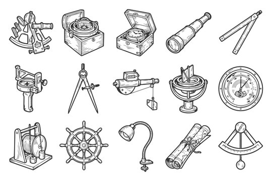 Collection of vintage navigation tools and instruments.