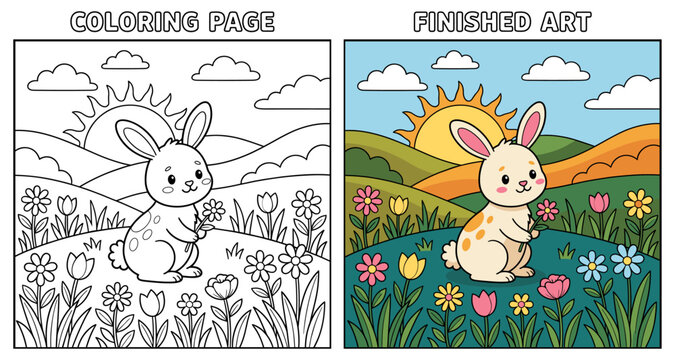 Rabbit coloring page with finished art example and cute hare flower