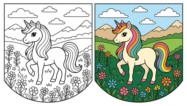 Unicorn coloring page with colored example and cute pony flower