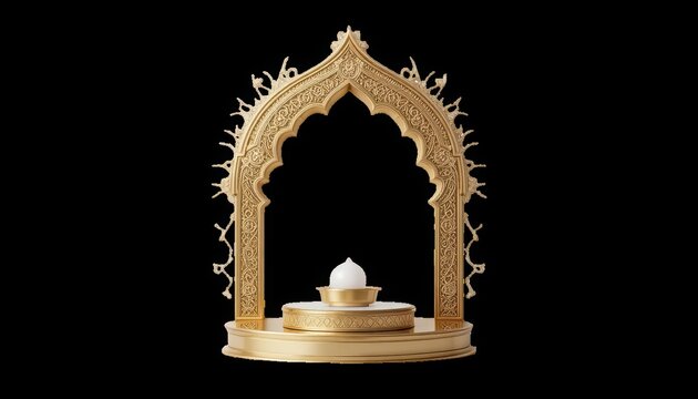 Golden archway frame surrounds a small white sacred stone on a circular pedestal against a solid black background to signify traditional religious devotion and spiritual peace within a temple setting.