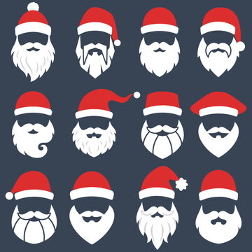 Set of santa claus beards and hats icons for christmas design