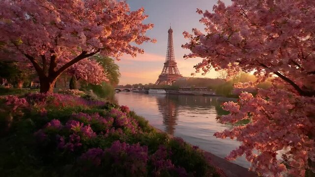 Paris, France, Europe. A vivid portrayal of the Eiffel Tower in Paris, France, bathed in the warm glow of the setting sun. The scene is framed by cherry blossom trees in full bloom.