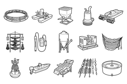 Illustrated collection of aquaculture equipment and tools.