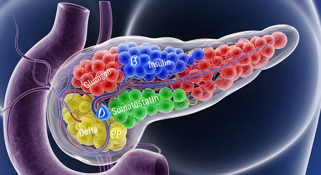 Detailed 3D model of human pancreas showing clusters of endocrine cells.
