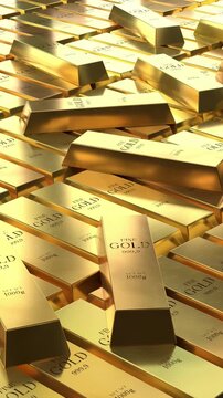 Gold ingots - camera moving sideways - 3d 4k vertical animation (2160 x 3840px)