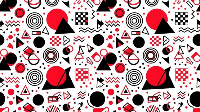 Abstract geometric pattern design featuring vibrant red and solid black shapes including triangles circles squares and wavy lines arranged in a chaotic yet balanced composition 