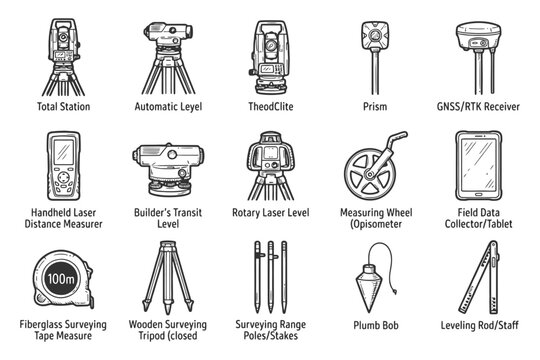 Surveying instruments and tools: total station, level, theodolite, prism, gnss receiver icons.