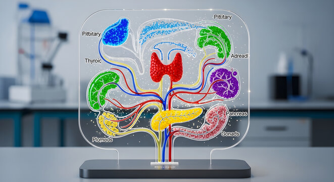 Detailed 3d rendering of human endocrine system with glands and hormones.