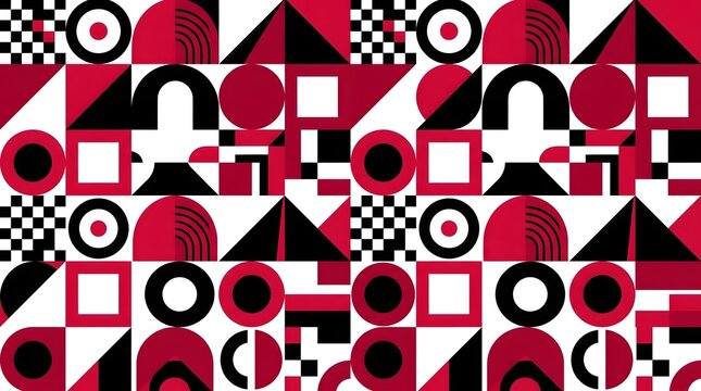 Abstract geometric pattern featuring a bold composition of vibrant red black and white shapes including circles squares triangles and checkered tiles arranged in a repetitive modern artistic design