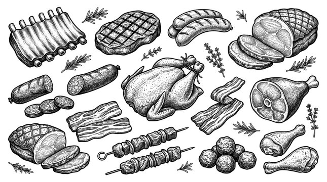 Meat set with steak ribs sausage chicken bacon ham brisket skewer