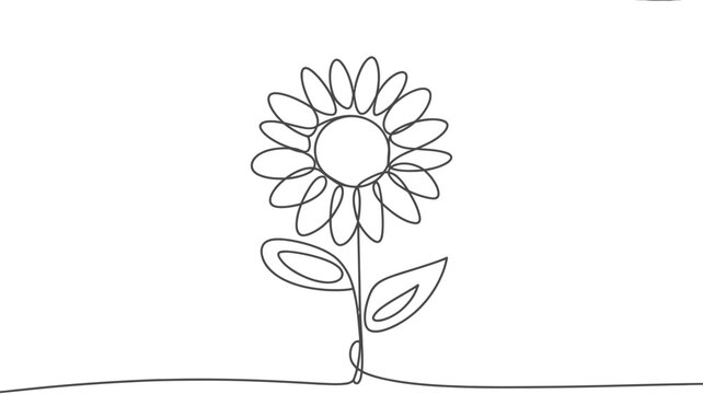 Continuous line art vector illustration of a single sunflower with leaves and stem isolated on white background