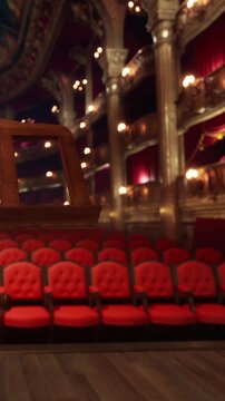 Seats in a theater are arranged in neat rows. The stage is not visible. The space is well lit by warm lights. Red velvet and gold decor highlight the interior.