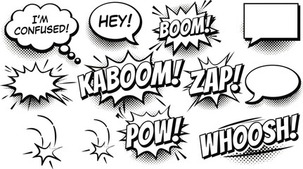 Comic speech bubbles and sound effects explosion cloud halftone vector set for retro design © Bahadur