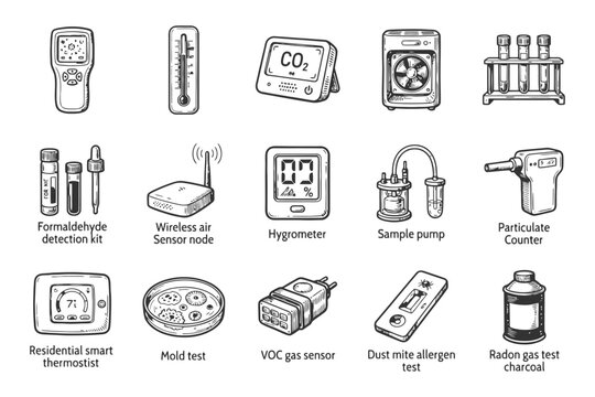 Various air quality testing devices and equipment icons.
