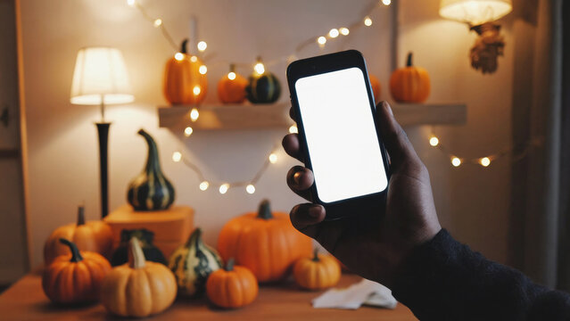 Woman holding smartphone with blank screen for mockup against blurred Halloween background with pumpkins and glowing fairy lights. Interior scene for social media and autumn promotion.