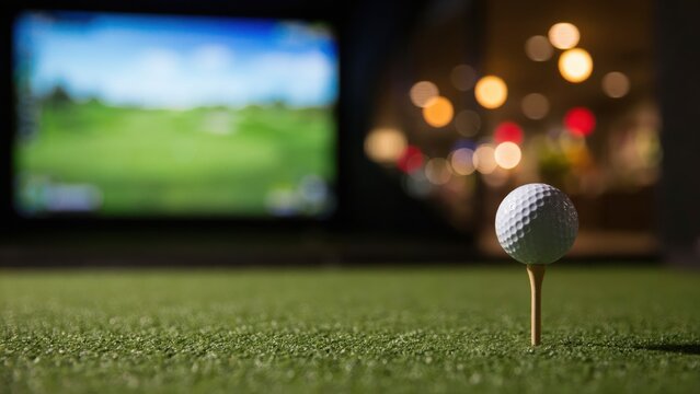 Golf ball on tee in front of indoor golf simulator