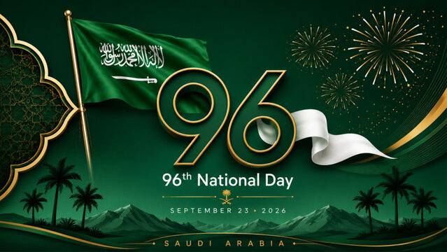 Luxury Saudi Arabia National Day 96 Years poster featuring the Saudi flag, Riyadh skyline, golden typography, and premium green design celebrating patriotism, heritage, and Vision 2030.