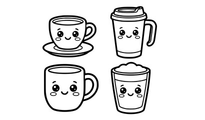 Obraz premium Cute kawaii coffee cups vector set with funny smiling faces children coloring book page linear illustration