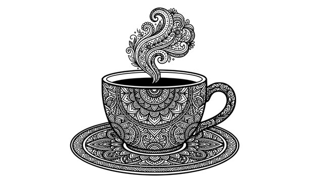 Coffee cup coloring page with intricate mandala patterns and creative geometric doodles for adult relaxation line art vector