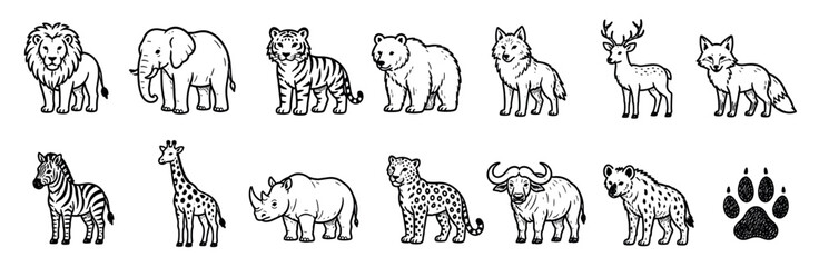Obraz premium Large set of hand-drawn wild animals in a cute black and white doodle style, featuring a lion, elephant, tiger, bear, wolf, deer, fox, zebra, giraffe, and rhino icons