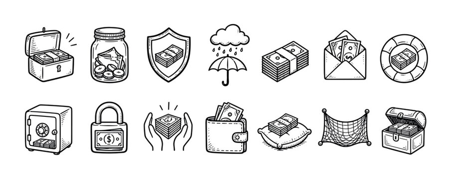 Hand-drawn money and finance icon set featuring a safe, wallet, treasure chest, and shield for concepts of savings, investment, and wealth in a simple black and white doodle style
