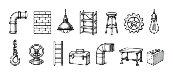 Collection of hand-drawn industrial loft style items including a pipe, lamp, gear, and furniture in a vintage sketch illustration style for interior design concepts © Vladislav