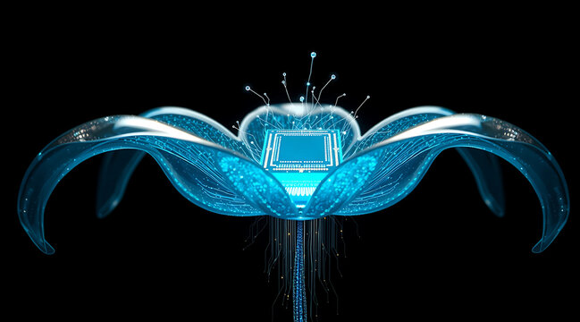 Surreal digital blossom emerging from seamless black background with glowing cyan circuit petal and central microchip, futuristic